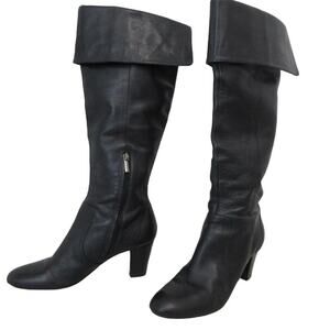 Bandolino Size 8.5 Tall Black Leather Boots Eye Candy Heeled 80s Flap Style